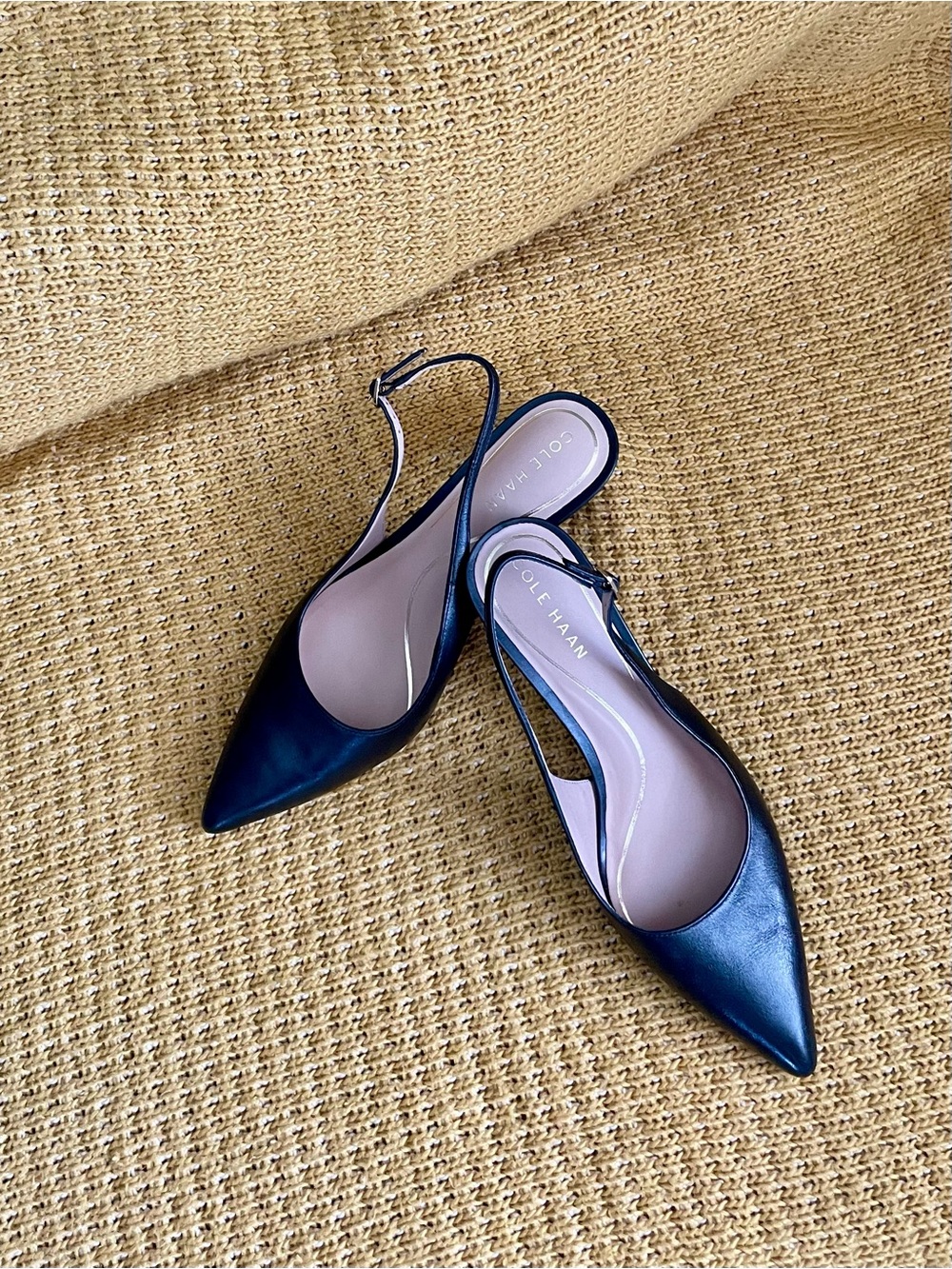 Cole Haan Black Leather Pointed Slingback Kitten Heals